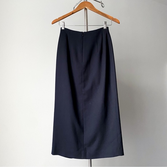90s vintage navy blue high-waist minimalist wool midi skirt w deep front slit - Picture 2 of 7